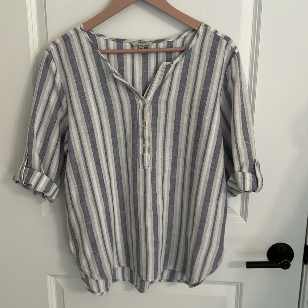 Linen Blend By Hester & Orchard Blue, Tan/Gray, White Striped Comfy Shirt Size M - Picture 2 of 10